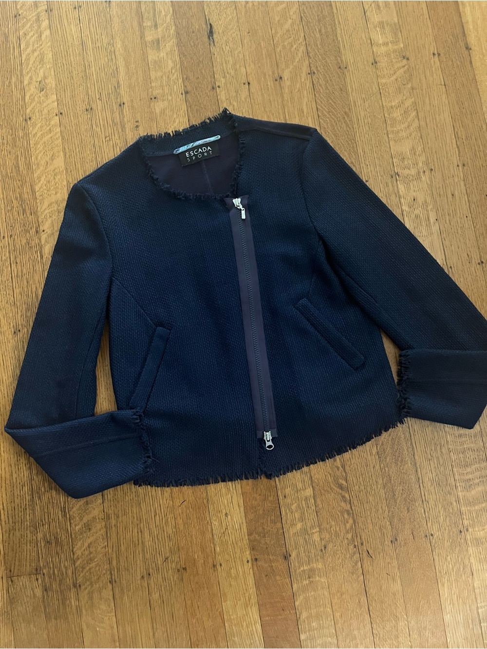 Escada Navy Cropped Fringe-Trim Zip Jacket